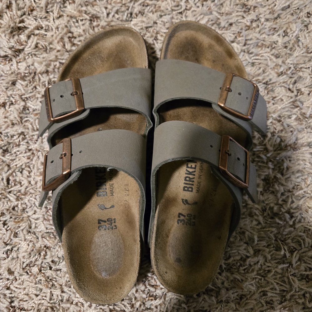 Birkenstock Arizona Sandals in Olive Gray with Copper Buckles